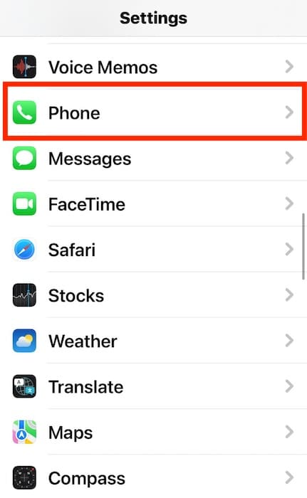Selecting the Phone Settings Section in the iOS Settings App