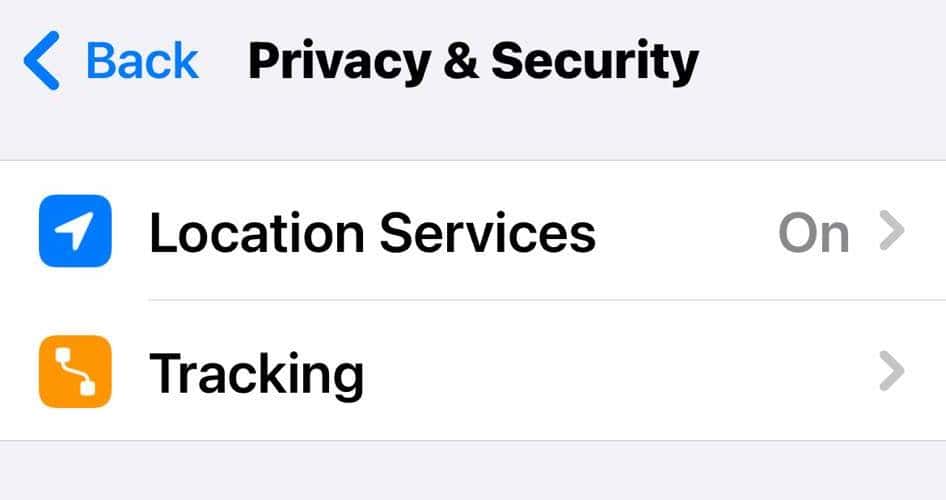 Privacy and Security Settings Page on iPhone