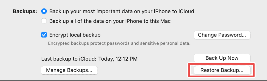 Restore iPhone backup option on Finder for iphone 15 pro max