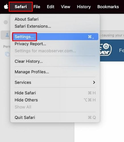 Safari Settings option on Mac
