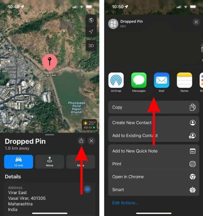 Share the Pinned Location Through Apple Maps