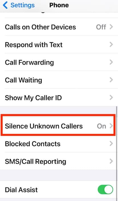 The Section for Silence Unknown Callers in iOS Settings