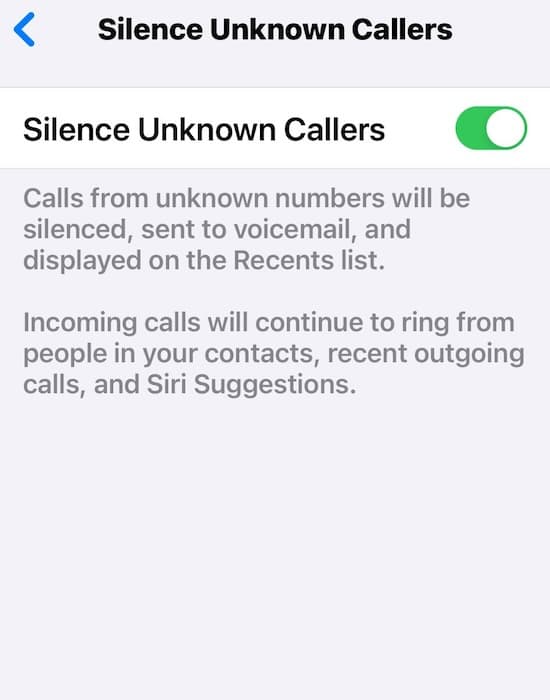 The Toggle Button for Silence Unknown Callers on iOS Settings