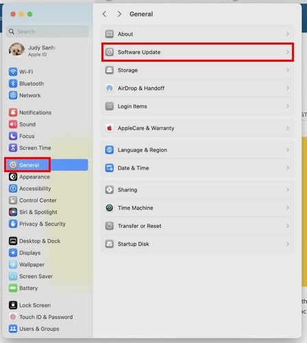 Software Update option in Mac General Settings