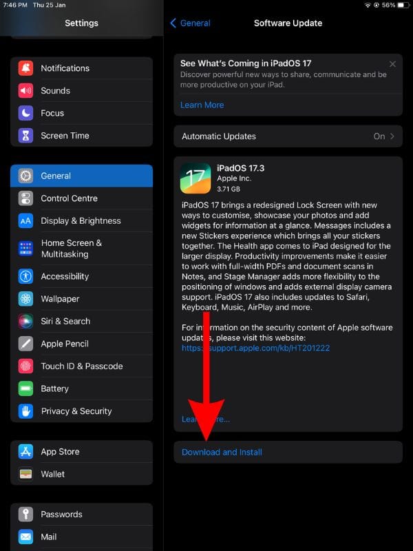 Tap the Download and Install button to update iPadOS