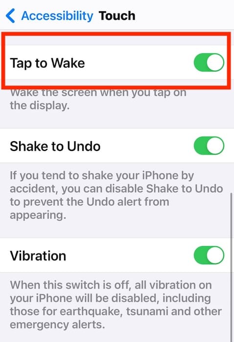 Adjusting the Tap to Wake Toggle Button on iOS Settings

