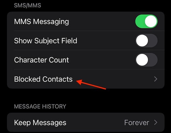 Texts Blocked Numbers iPhone Tap Blocked Contacts