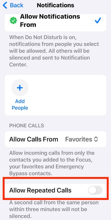 Turn On and Off Allow Repeated Calls Feature iOS