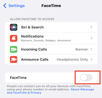 Toggle FaceTime on