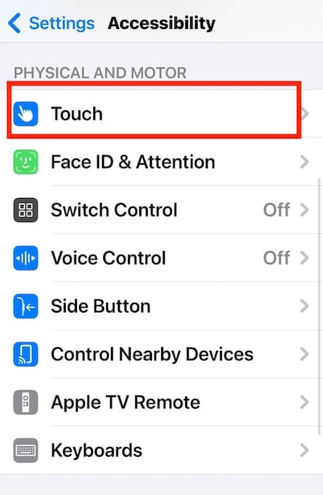 Opening the Touch Accessibility Settings on iOS Device