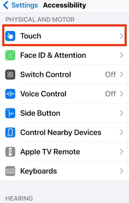 The Touch Accessibility Section on iOS Device