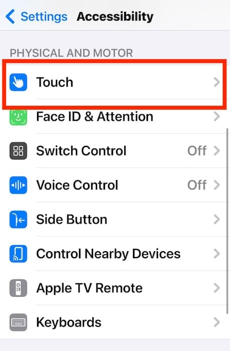Opening the Touch Settings Section on iOS Device