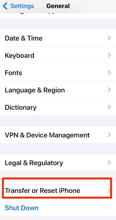 Section to Transfer or Reset iPhone in General Settings