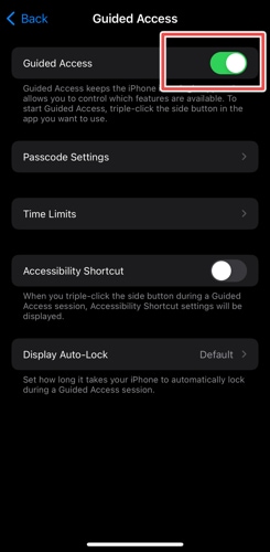 Toggle on or off guided access option for iPhone