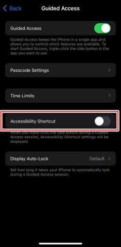 Turn on accessibility shortcut for guided access