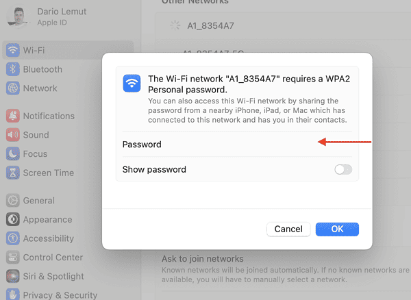 Typing in WPA2 password on Mac
