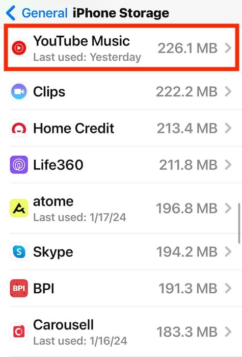 Selecting the YouTube Music Section in iPhone Storage Settings