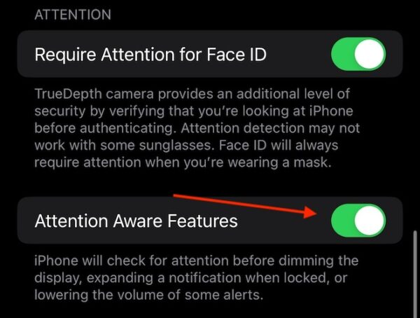alarm too quiet iPhone 15 disable attention aware