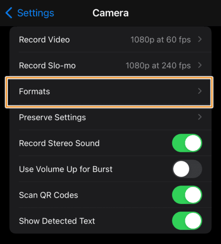 camera format option on iphone camera settings
