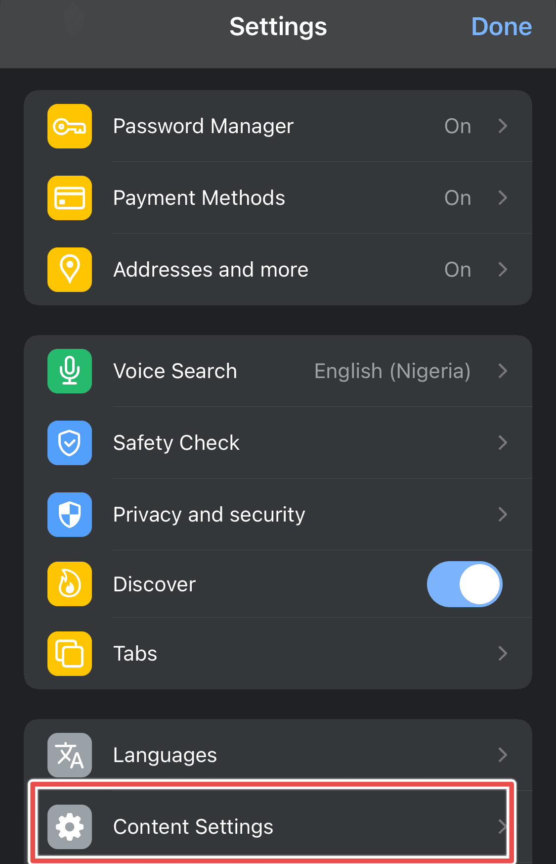 chrome content settings option on iPhone