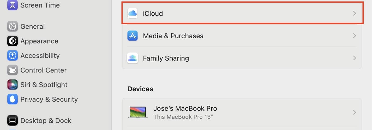 iCloud Settings on Mac System Settings