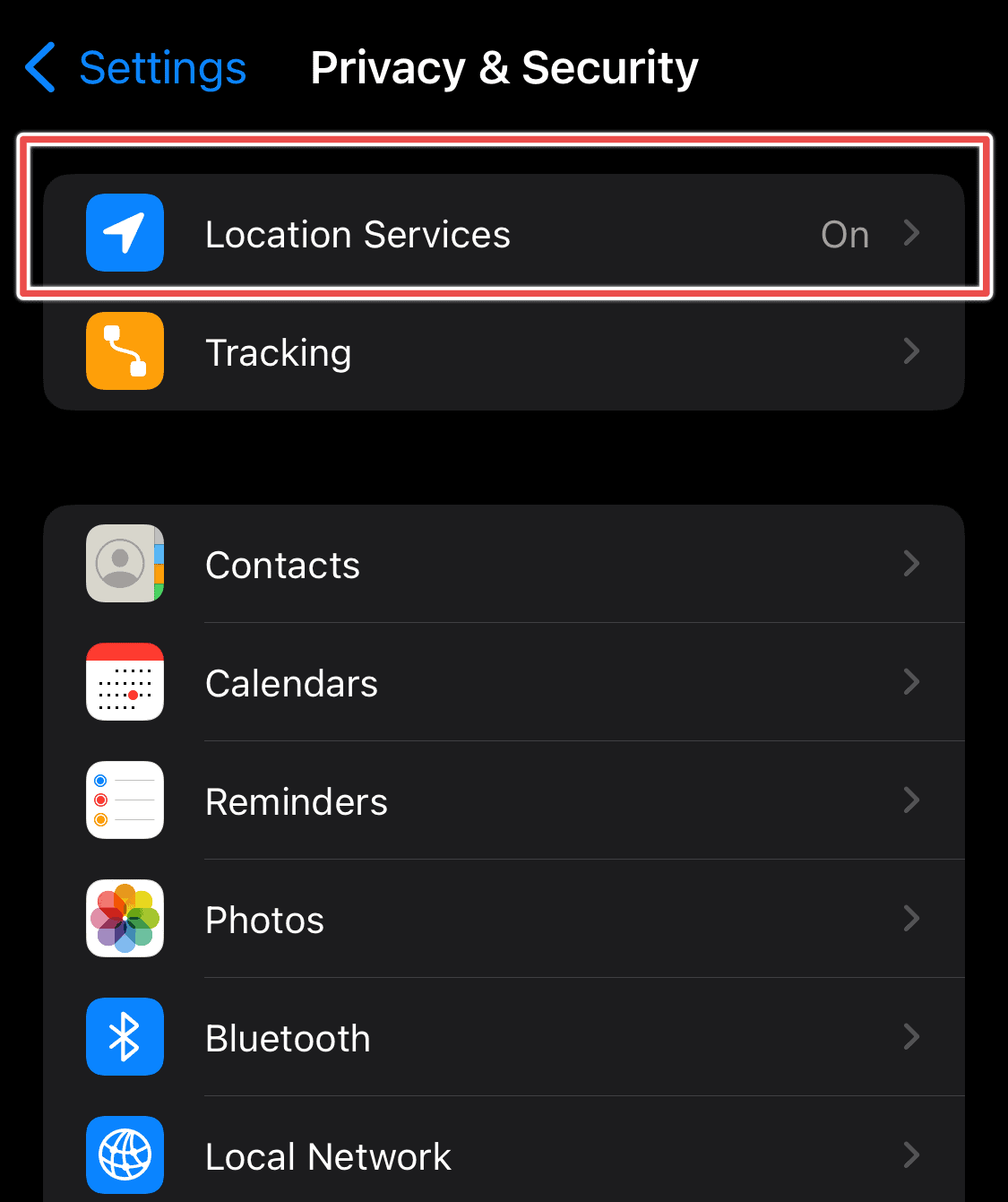 location services option on iPhone settings