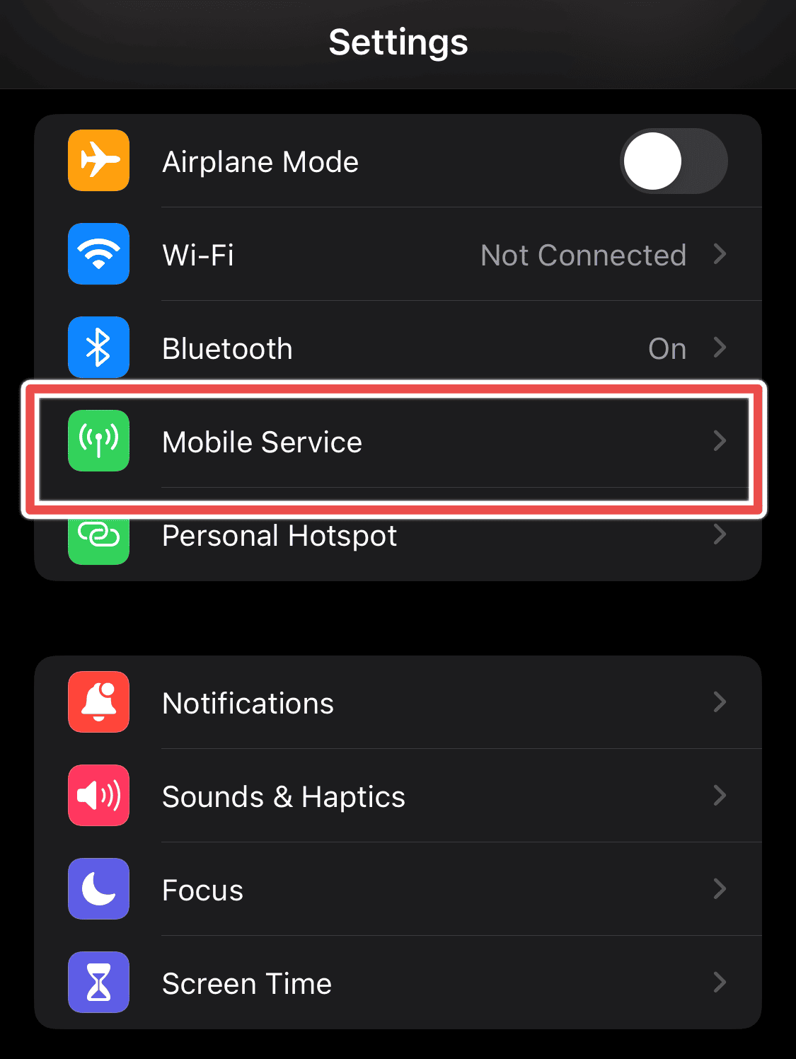 mobile service option on iPhone