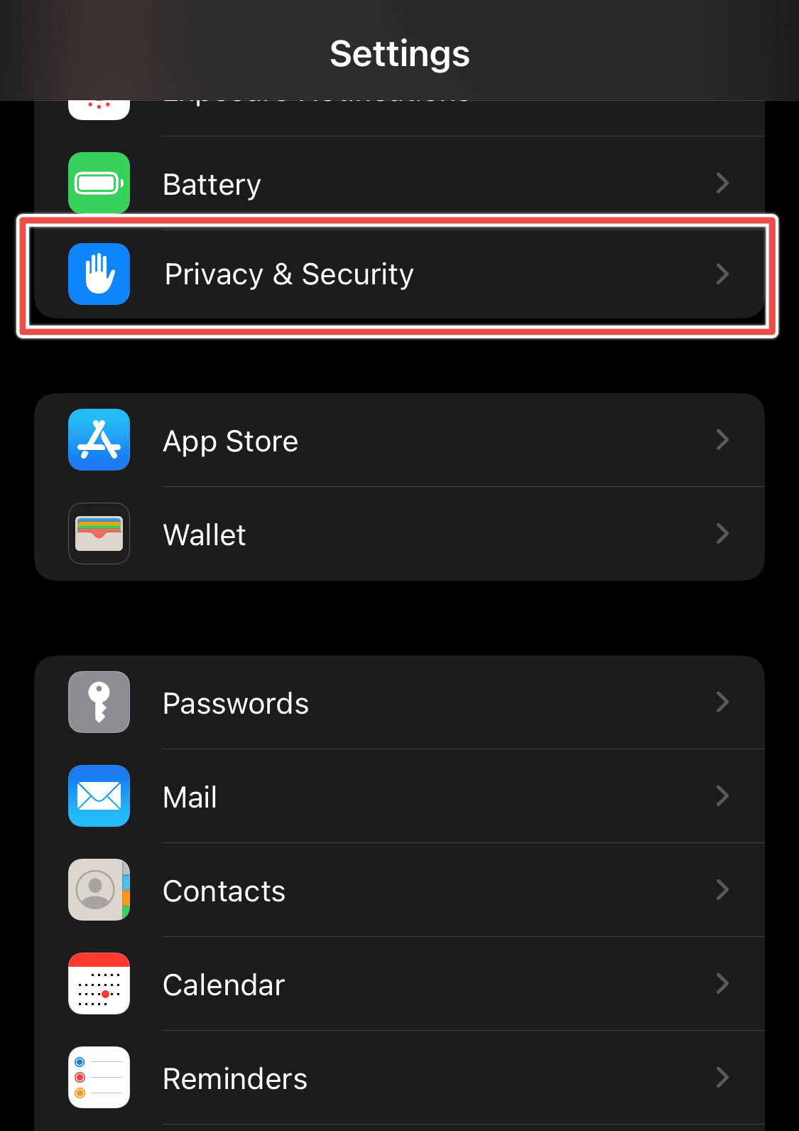 privacy and security option on iPhone
