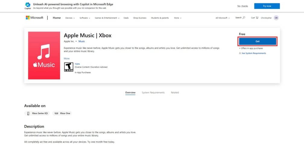 Apple Music app on Microsoft website