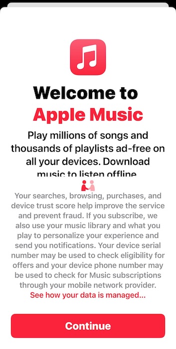 Welcome Page to Apple Music First-Time User
