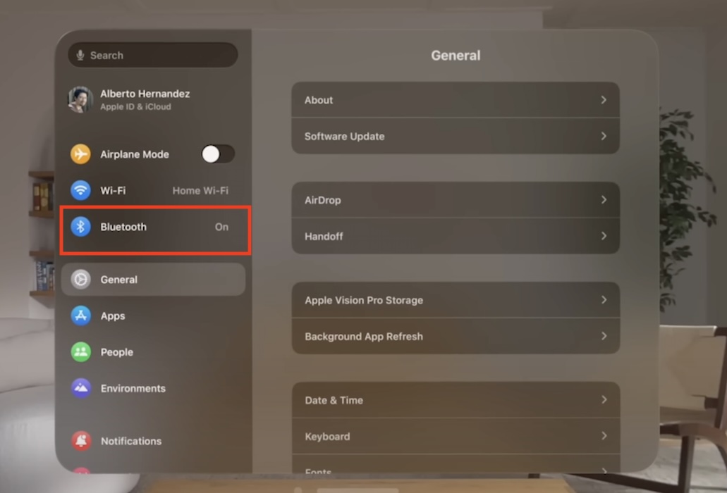 The Bluetooth Settings in the Settings App of Apple Vision Pro