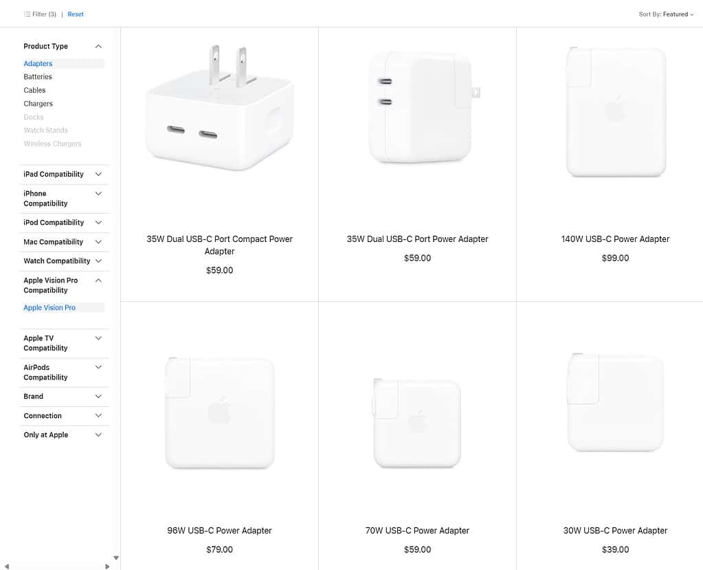 Apple has several power adapters that are compatible with the Vision Pro.