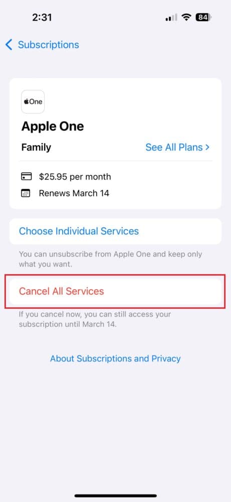 Cancellation page on Apple One