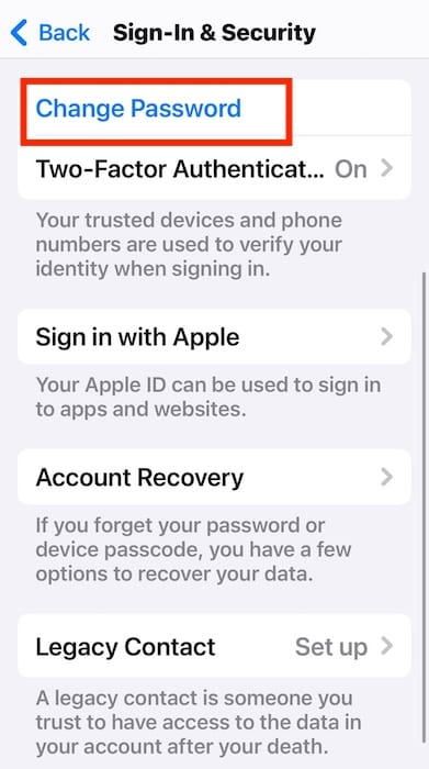 Clicking Change Apple ID Password