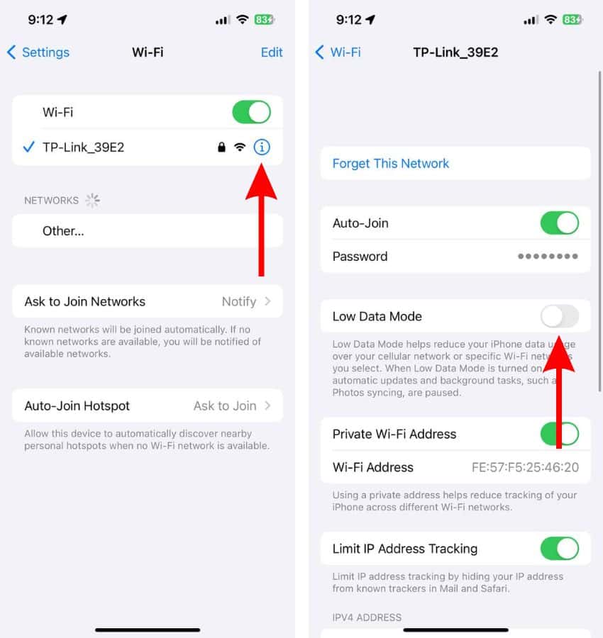 Disable Low Data Mode for Wi-Fi to fix iCloud Syncing Paused on iPhone