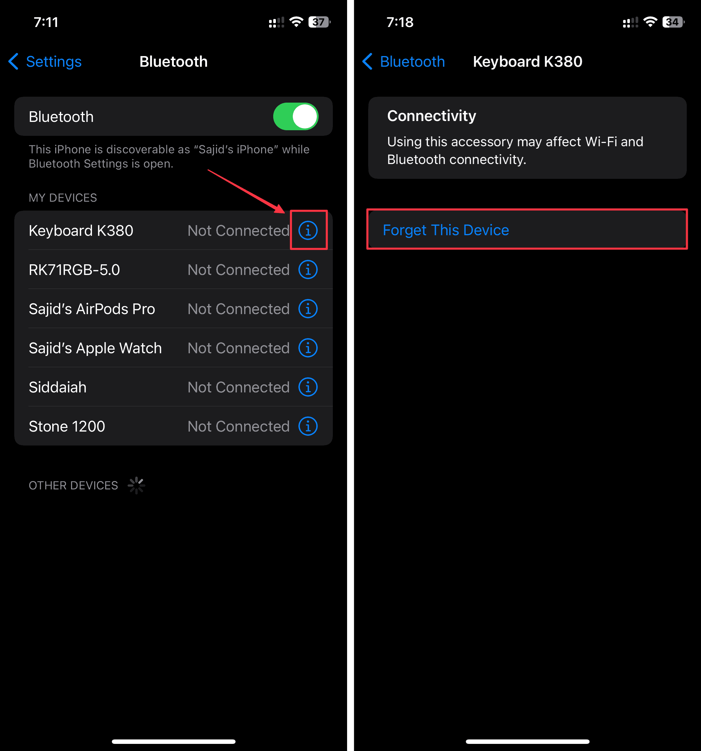 Disconnecting Bluetooth device from Bluetooth settings