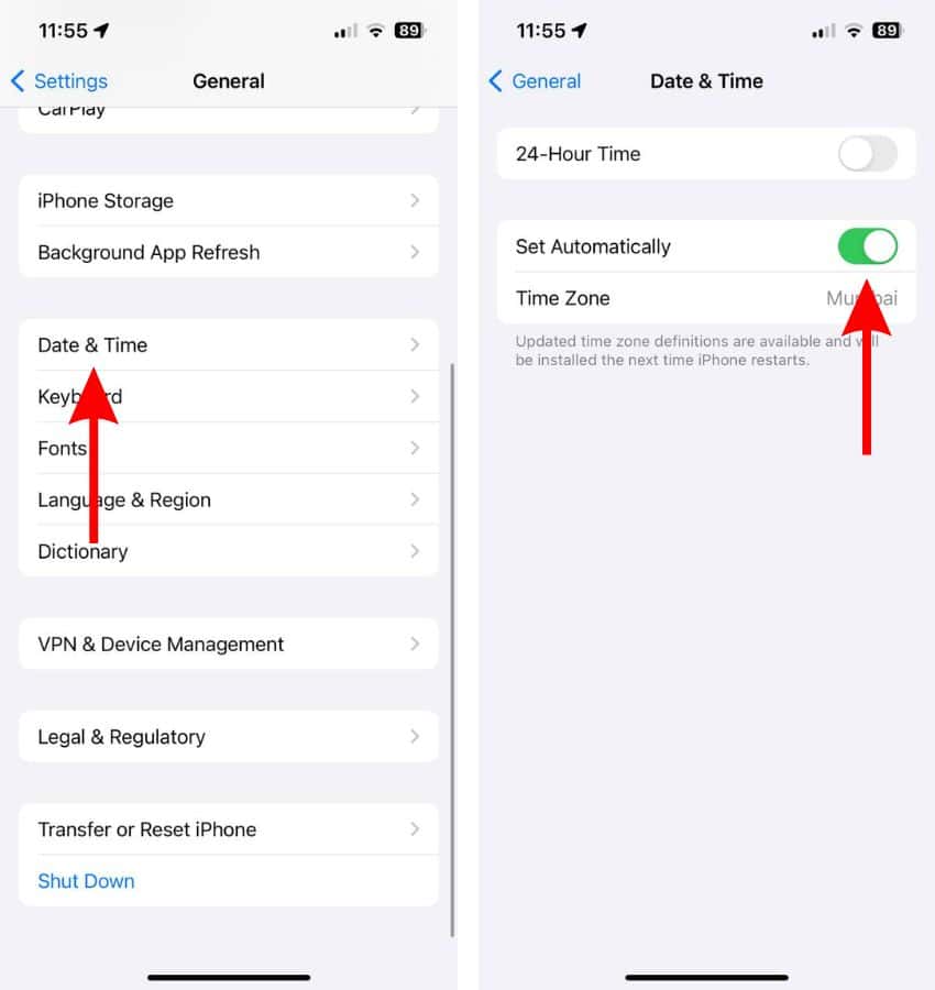 Enable Set Automatically for Date and Time Settings to fix iCloud Syncing Paused on iPhone