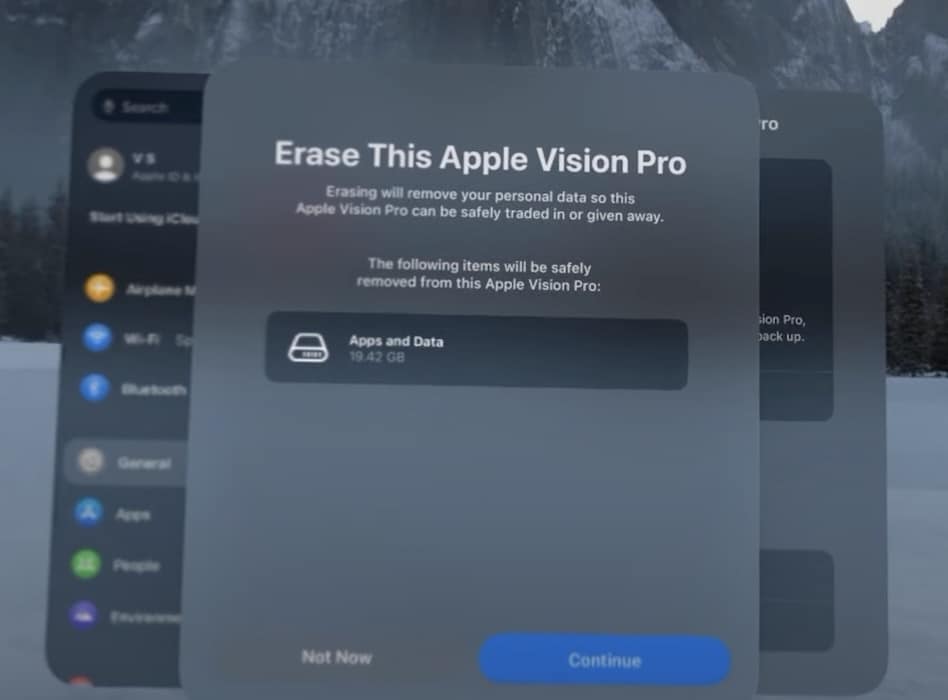 Prompt Confirming Whether to Erase This Apple Vision Pro