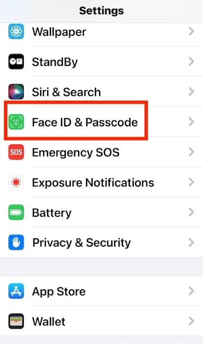 Section for Face ID and Passcode in System Settings