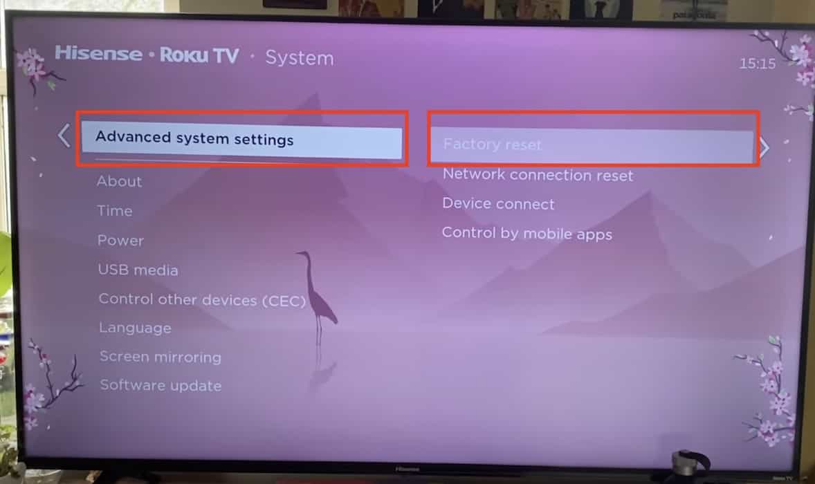 The Factory Reset Section under Advanced System Settings on Hisense TV