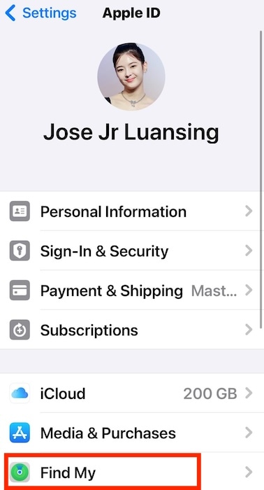 Find My Section on iOS System Settings Apple ID