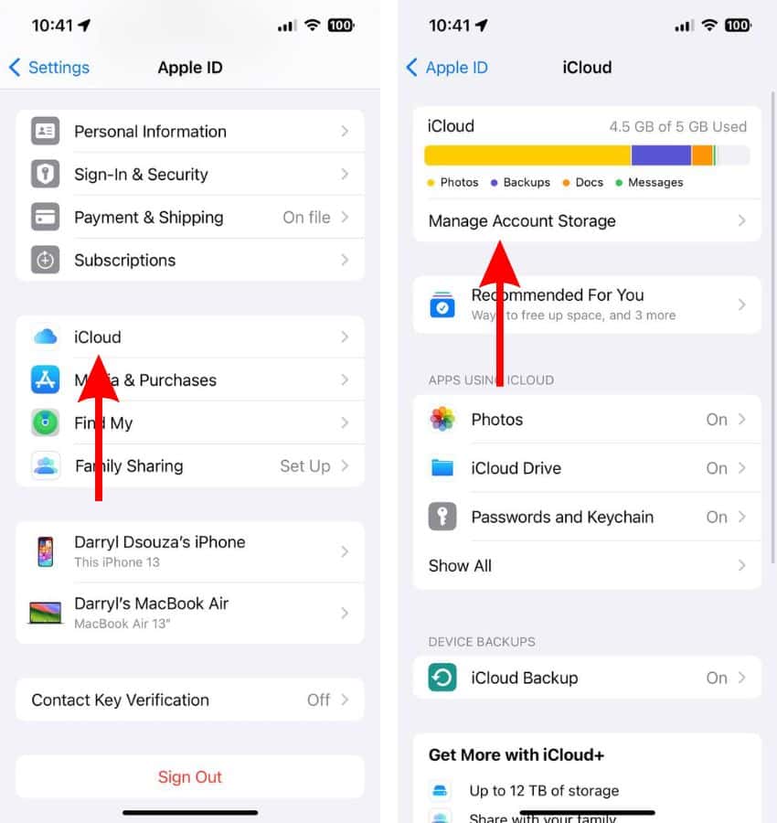 Head to Manage Account Storage in iCloud Settings