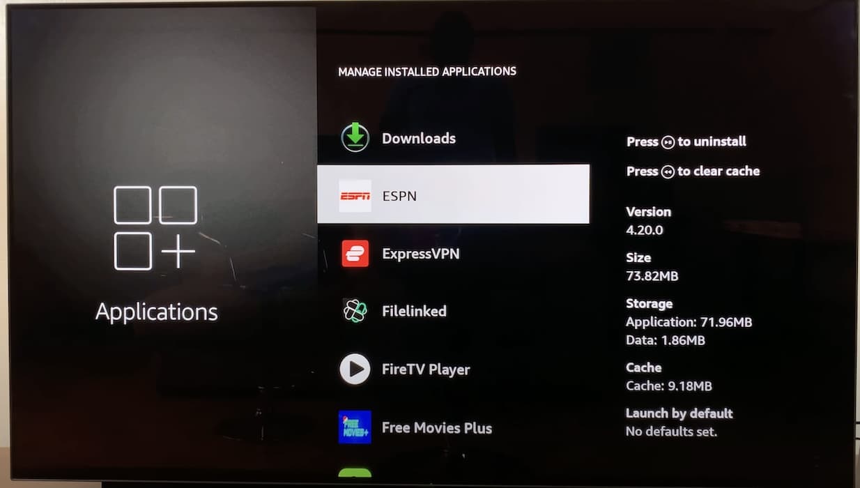 ESPN and List of Downloaded Apps on Fire TV System Settings