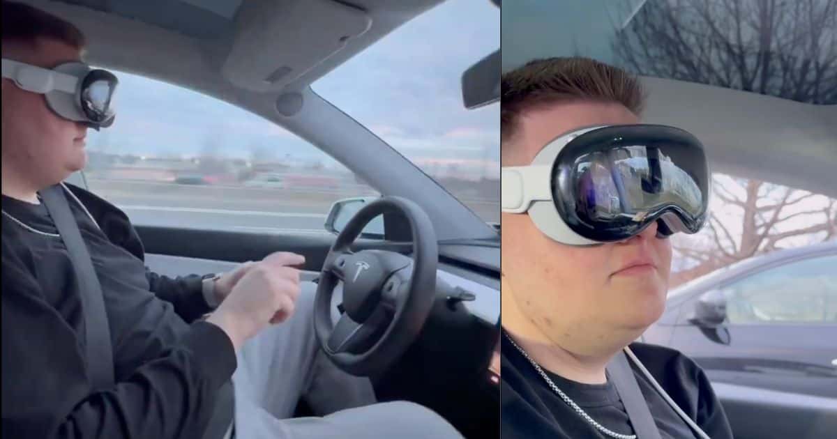 Man using Apple Vision Pro while driving