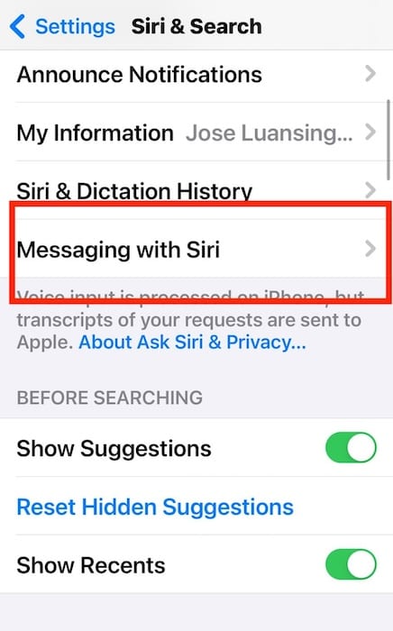 Messaging with Siri Section on the Siri and Search iOS Settings