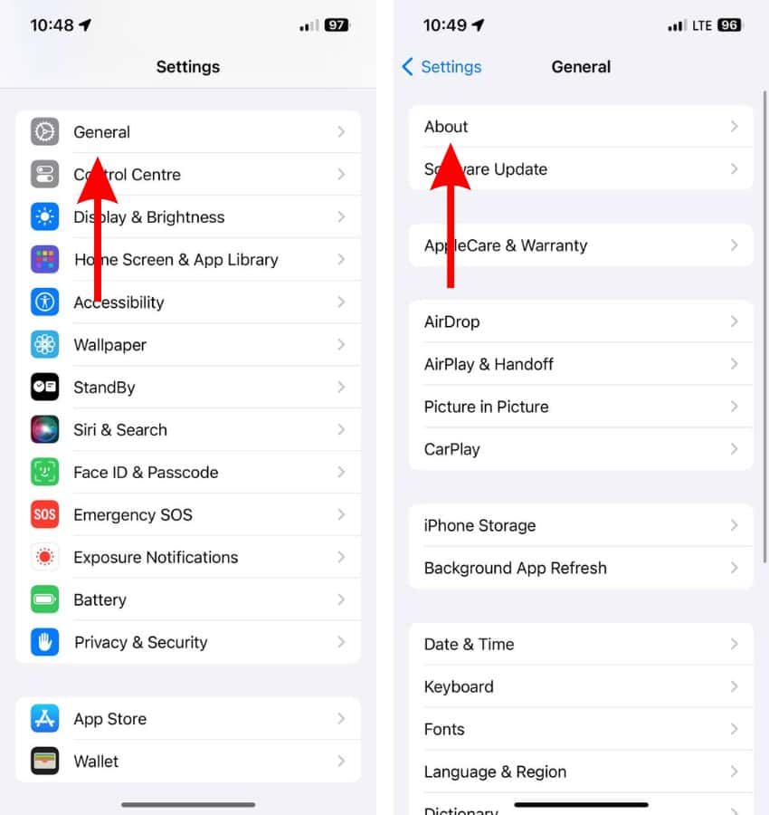 Open About in iPhone Settings