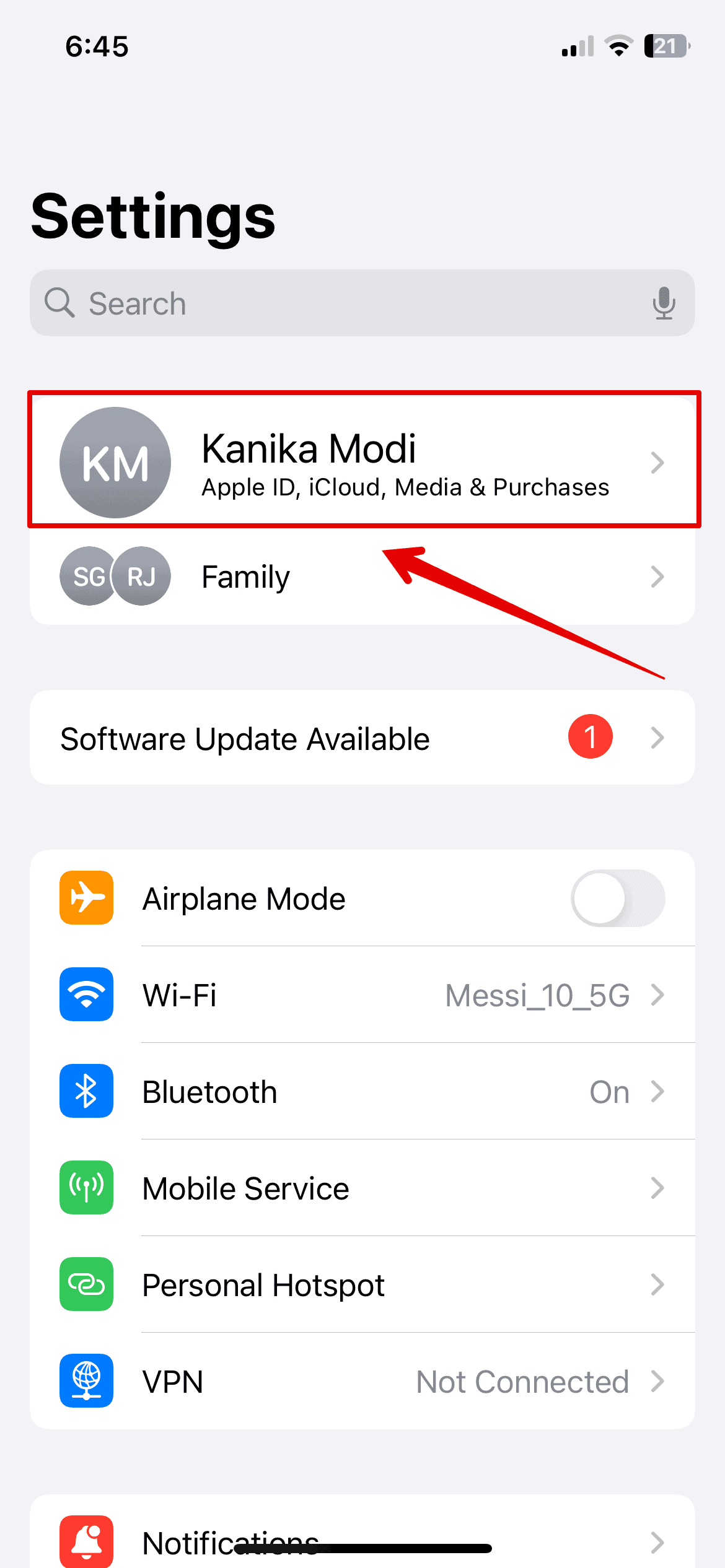 Open Settings and tap on your name