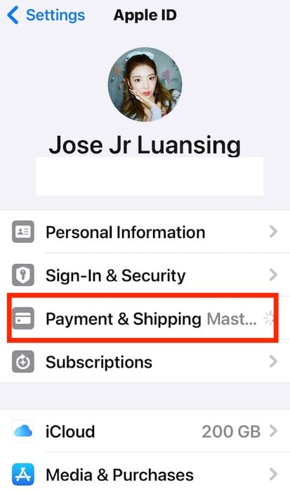 The Payment and Shipping Section on Apple ID Settings