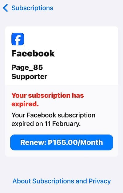Renew FB Subscription Per Month