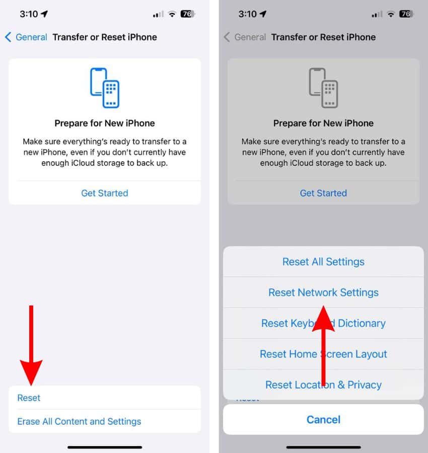 Reset Network Settings to fix iCloud Syncing Paused on iPhone
